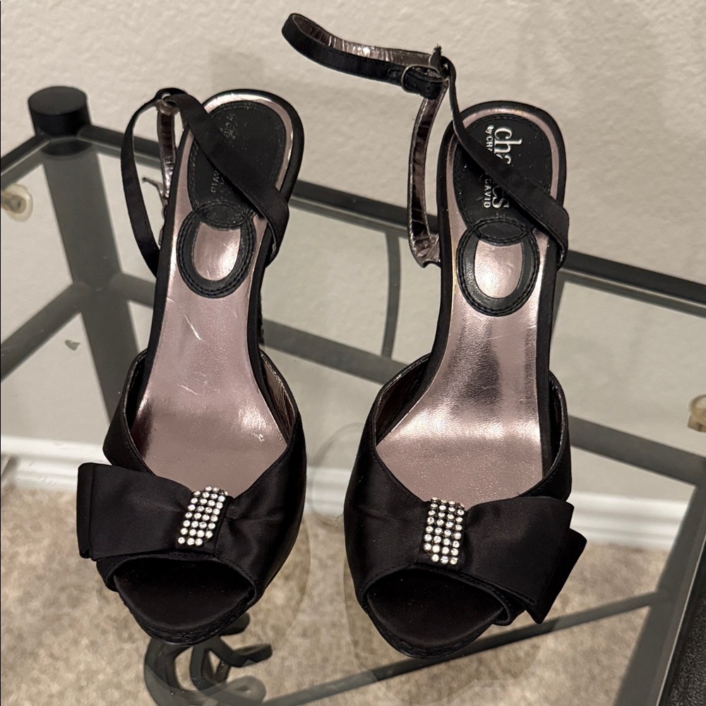 Charles by Charles David Black Satin, Open-Toe Heels with Rhinestone Bow Sz 7.5